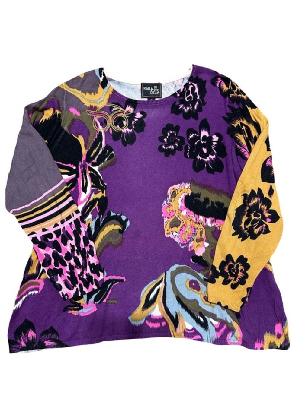 Rara Avis Women’s Size 2X Purple Floral Contrast Sleeve Crewneck Sweater
